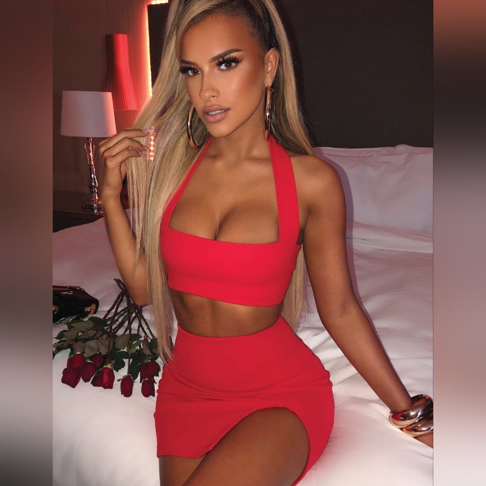 NEW BABYBOO FASHION RED HALTER CROP TOP + HUGH WAISTED SKIRT SET XS